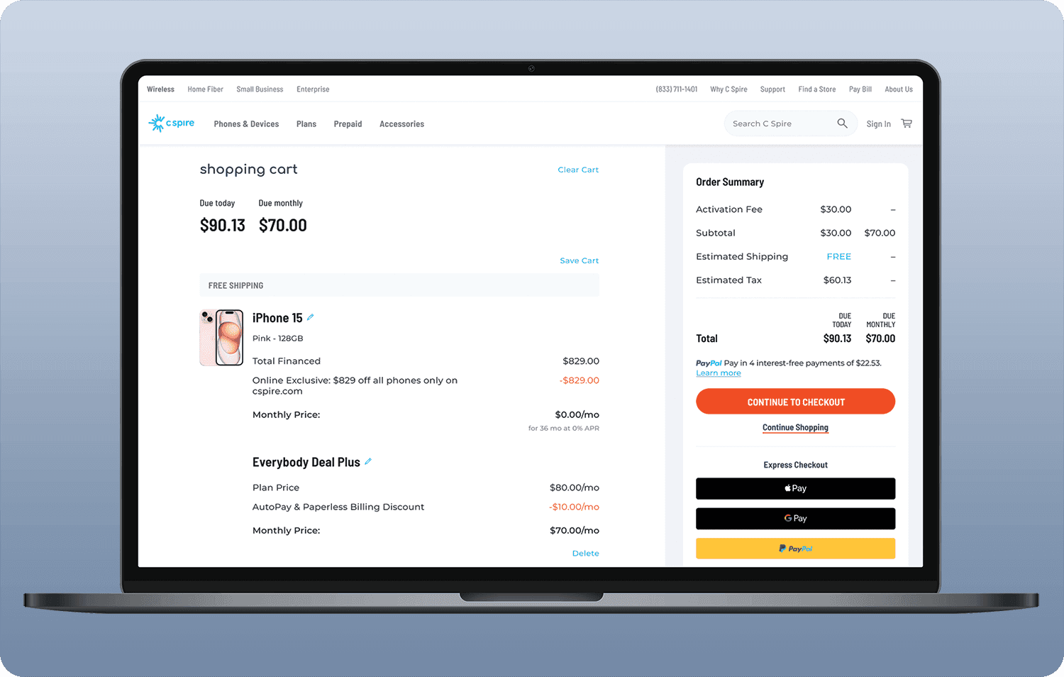 C Spire e-commerce shopping cart on laptop