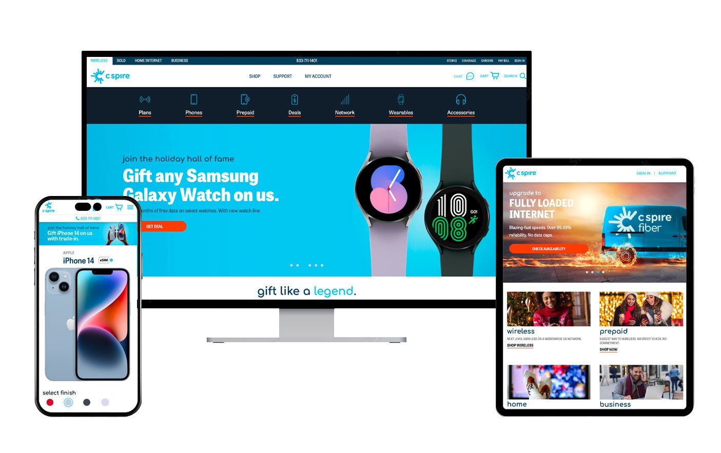 C Spire website redesign shown on desktop, phone and tablet